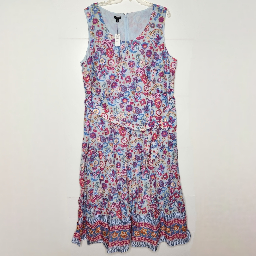 Talbots Plus Floral Belted Voile Maxi Dress Size 18W Blue Sleeveless NWT